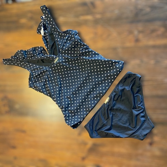 Ralph Lauren Black White Polka Dot Ruffle Tankini SLIMMING Top&black bottom-SZ-8 - Picture 4 of 12
